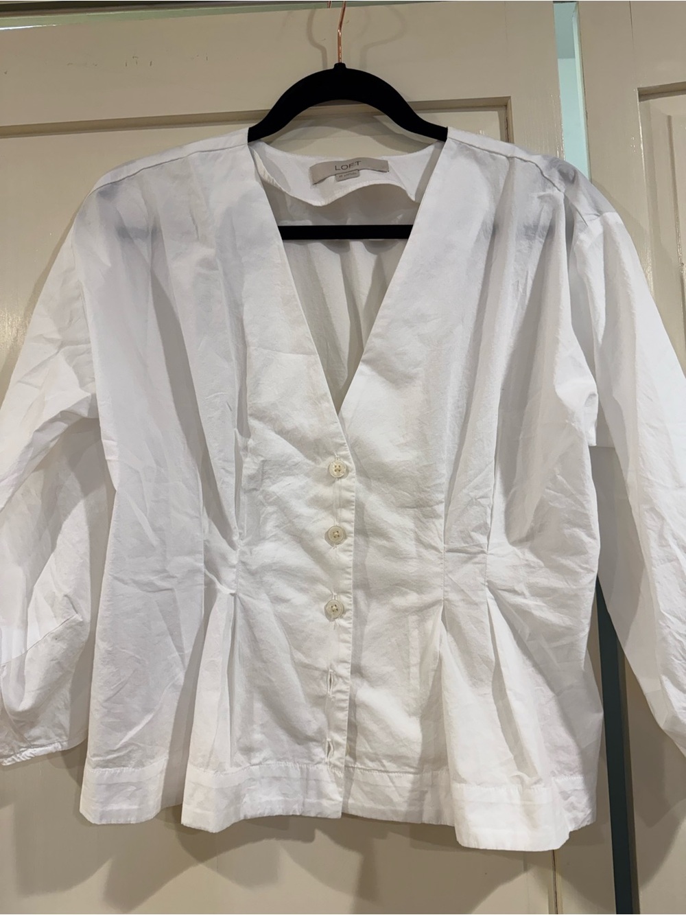 LOFT White V-Neck Button-Front Peplum Blouse